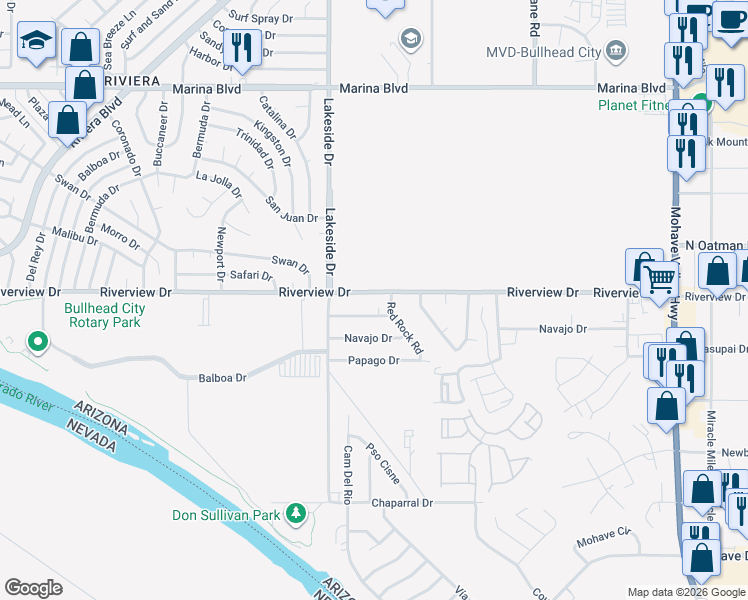 map of restaurants, bars, coffee shops, grocery stores, and more near 1084 Rosebud Drive in Bullhead City