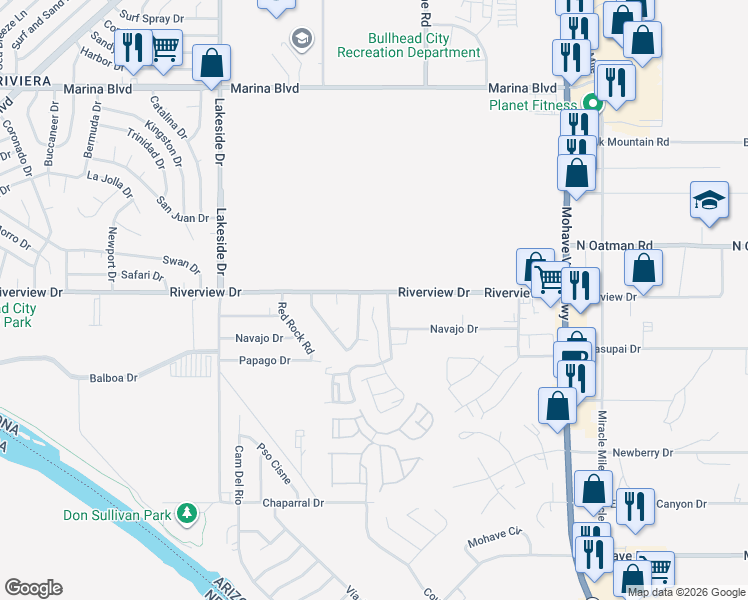 map of restaurants, bars, coffee shops, grocery stores, and more near 2252 Acoma Place in Bullhead City