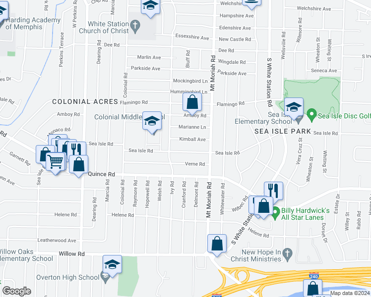 map of restaurants, bars, coffee shops, grocery stores, and more near 4920 Sea Isle Road in Memphis