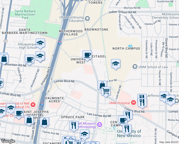 map of restaurants, bars, coffee shops, grocery stores, and more near 1127 University Boulevard Northeast in Albuquerque