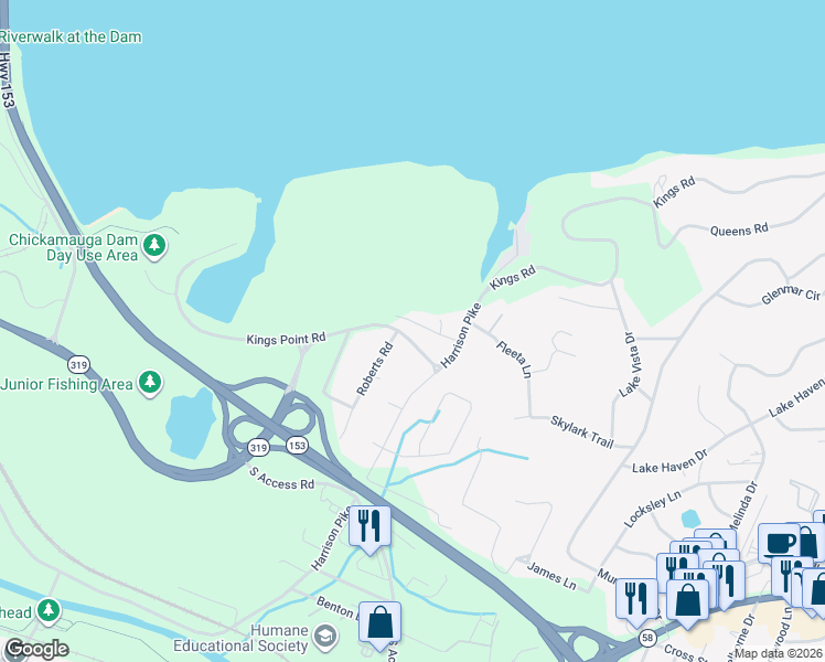 map of restaurants, bars, coffee shops, grocery stores, and more near 3208 Kings Point Road in Chattanooga