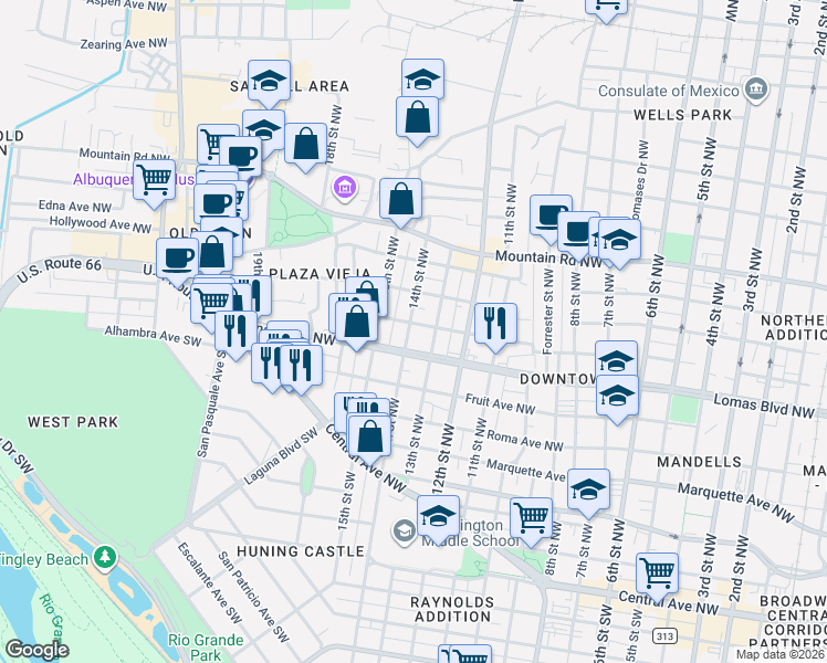 map of restaurants, bars, coffee shops, grocery stores, and more near 330 Lomas Boulevard Northwest in Albuquerque