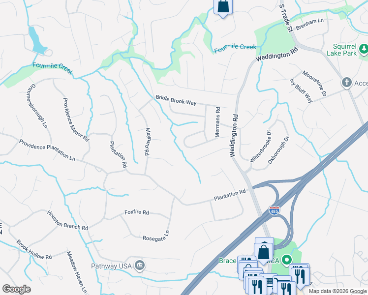 map of restaurants, bars, coffee shops, grocery stores, and more near 6752 Augustine Way in Charlotte