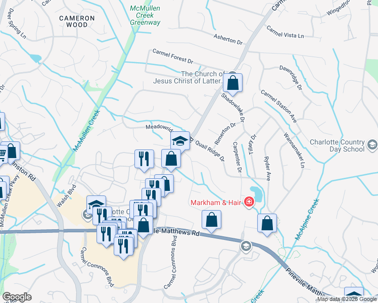 map of restaurants, bars, coffee shops, grocery stores, and more near 6203 Carmel Road in Charlotte
