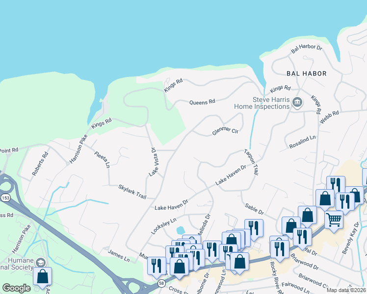 map of restaurants, bars, coffee shops, grocery stores, and more near 4581 Tarpon Trail in Chattanooga
