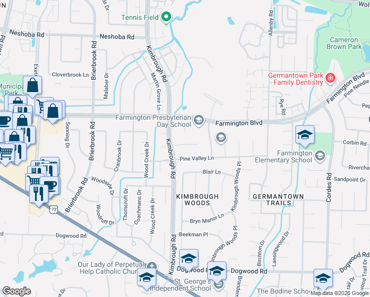 map of restaurants, bars, coffee shops, grocery stores, and more near 8196 Pine Valley Lane in Germantown