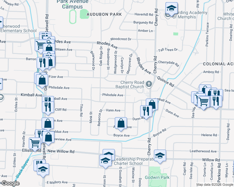 map of restaurants, bars, coffee shops, grocery stores, and more near 4244 Kimball Avenue in Memphis