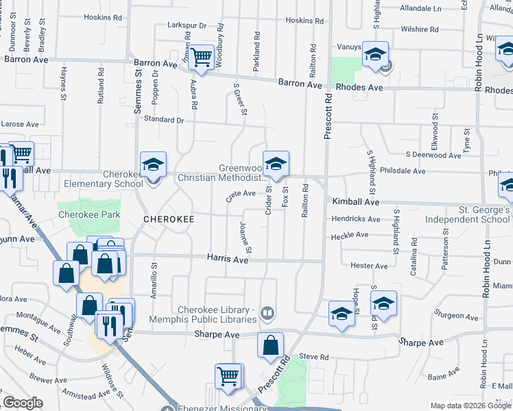 map of restaurants, bars, coffee shops, grocery stores, and more near 1449 Crider Cove in Memphis