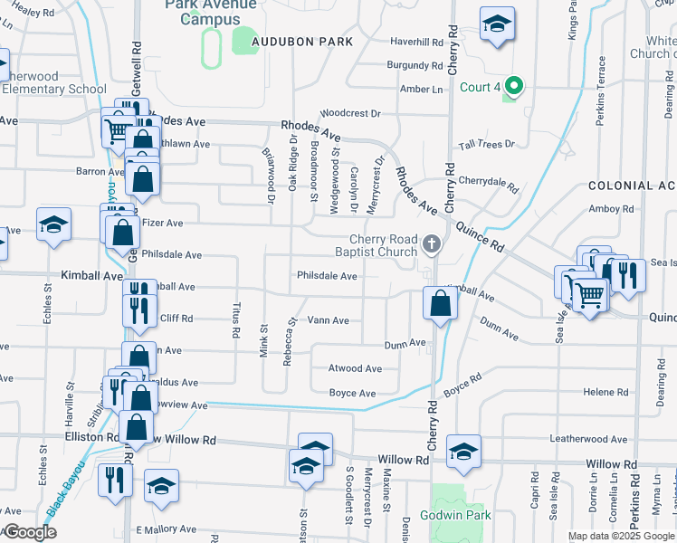 map of restaurants, bars, coffee shops, grocery stores, and more near 4244 Kimball Avenue in Memphis