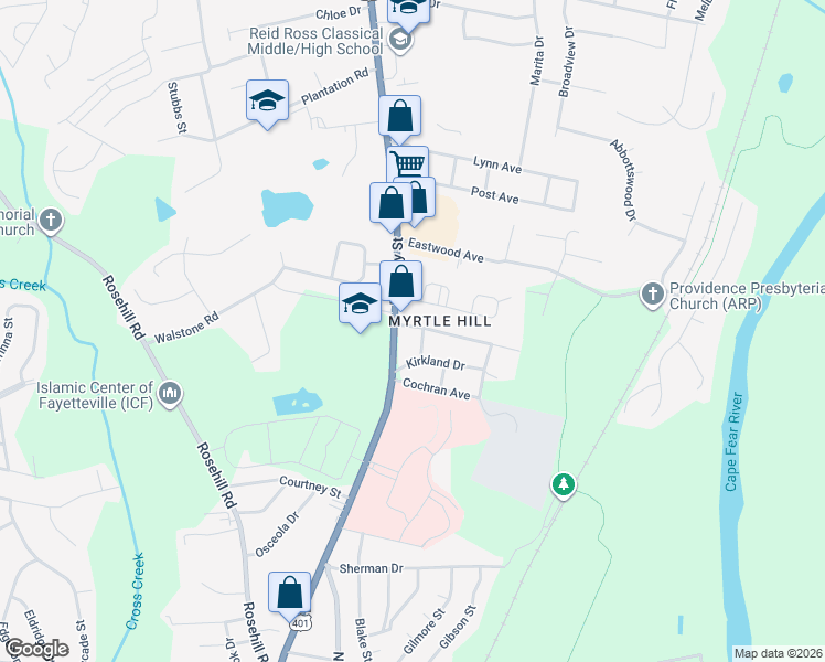 map of restaurants, bars, coffee shops, grocery stores, and more near 117 Kirkland Drive in Fayetteville