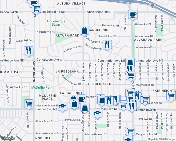 map of restaurants, bars, coffee shops, grocery stores, and more near 829 Adams Street Northeast in Albuquerque