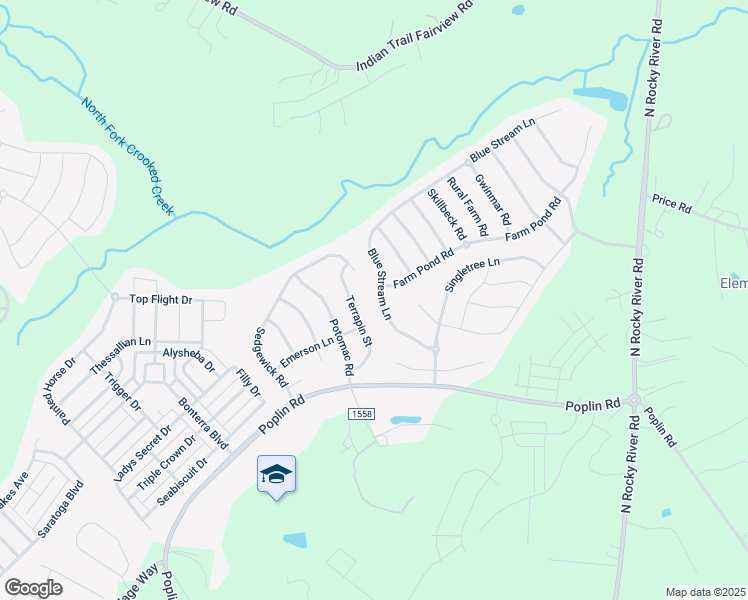 map of restaurants, bars, coffee shops, grocery stores, and more near 1033 Blue Stream Lane in Indian Trail