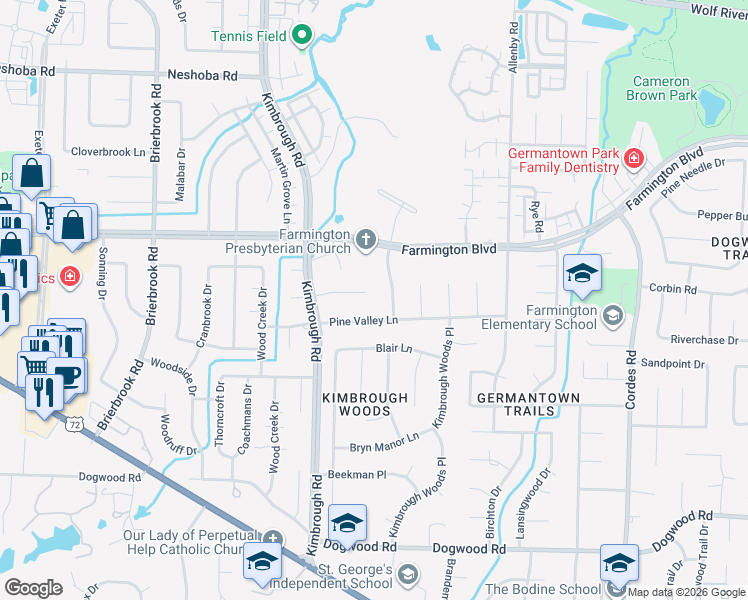 map of restaurants, bars, coffee shops, grocery stores, and more near 8236 Pine Valley Lane in Germantown
