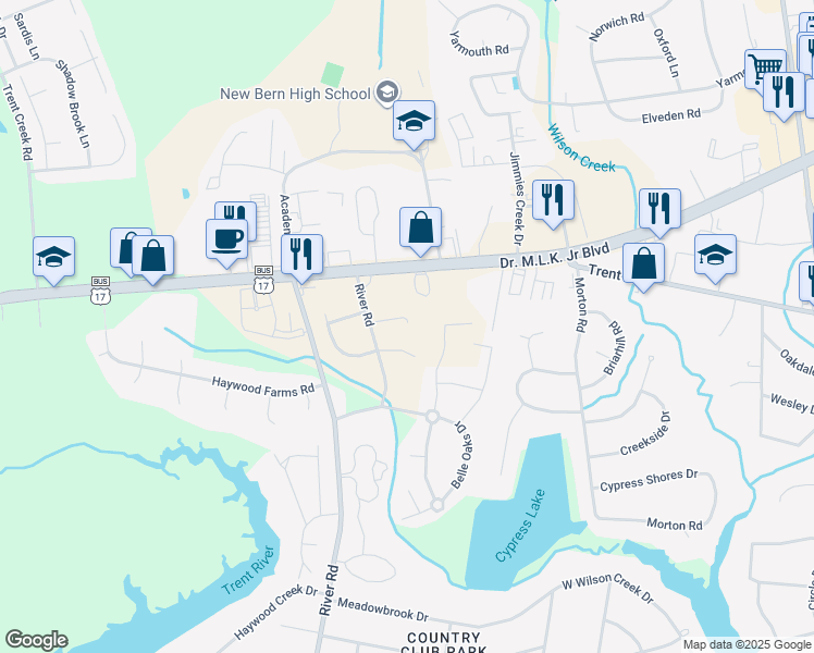 map of restaurants, bars, coffee shops, grocery stores, and more near 102-104 Belles Way in New Bern