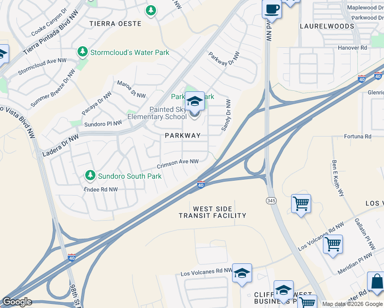 map of restaurants, bars, coffee shops, grocery stores, and more near 8106 Crimson Avenue Northwest in Albuquerque