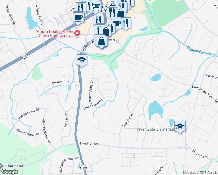 map of restaurants, bars, coffee shops, grocery stores, and more near 12922 Rothe House Road in Charlotte