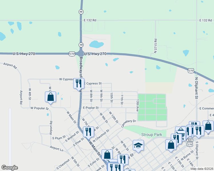 map of restaurants, bars, coffee shops, grocery stores, and more near 319 East Hickory Street in Holdenville