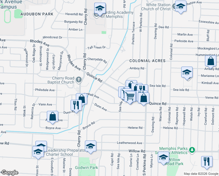 map of restaurants, bars, coffee shops, grocery stores, and more near 4475 Garnett Road in Memphis