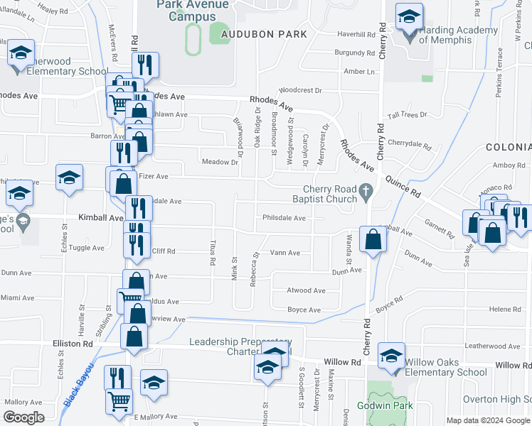 map of restaurants, bars, coffee shops, grocery stores, and more near 4174 Philsdale Avenue in Memphis