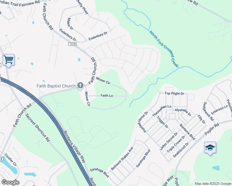 map of restaurants, bars, coffee shops, grocery stores, and more near 2714 Faith Lane in Indian Trail