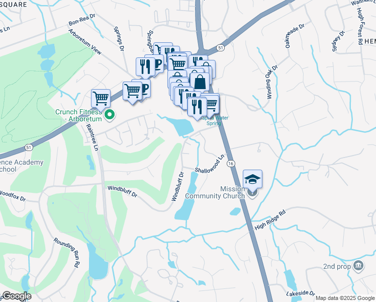 map of restaurants, bars, coffee shops, grocery stores, and more near 3213 Windbluff Drive in Charlotte