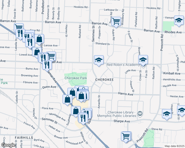 map of restaurants, bars, coffee shops, grocery stores, and more near 1369 Semmes Street in Memphis