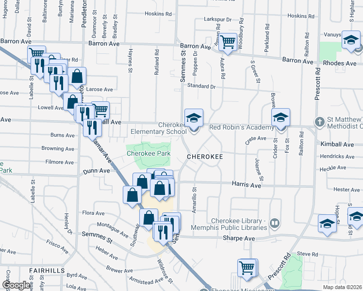 map of restaurants, bars, coffee shops, grocery stores, and more near 1369 Semmes Street in Memphis