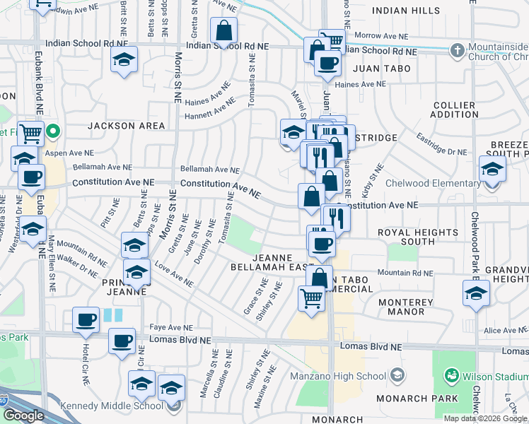 map of restaurants, bars, coffee shops, grocery stores, and more near 11501 Constitution Avenue Northeast in Albuquerque