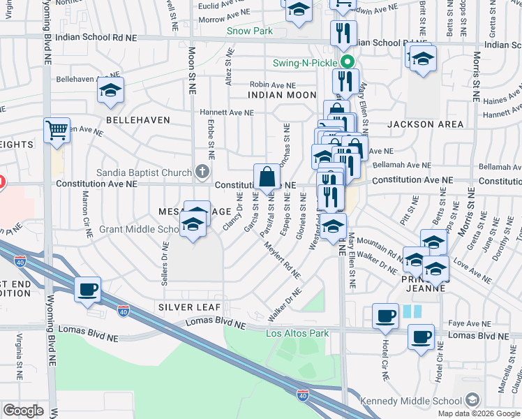 map of restaurants, bars, coffee shops, grocery stores, and more near 1312 Garcia Street Northeast in Albuquerque