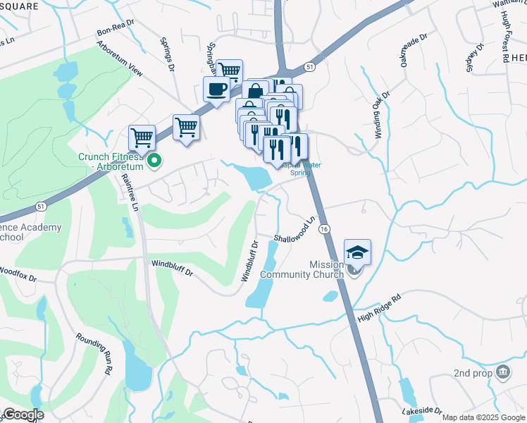 map of restaurants, bars, coffee shops, grocery stores, and more near 3213 Windbluff Drive in Charlotte