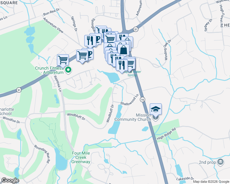 map of restaurants, bars, coffee shops, grocery stores, and more near 3129 Windbluff Drive in Charlotte