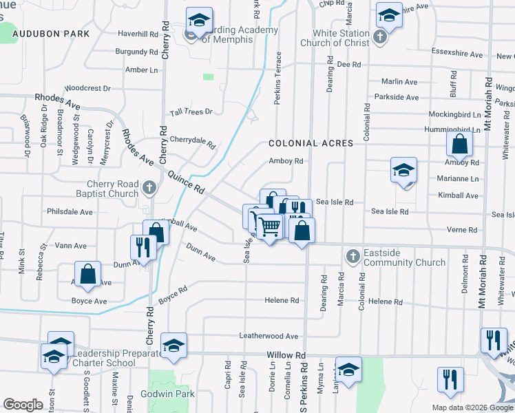 map of restaurants, bars, coffee shops, grocery stores, and more near 4566 Monaco Road in Memphis