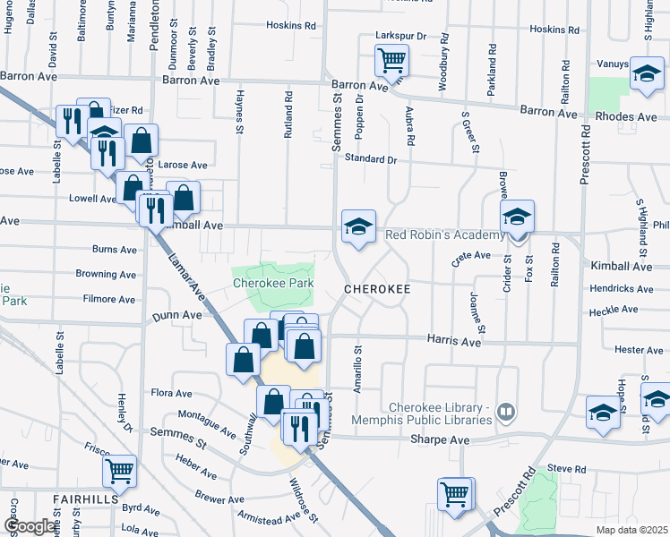 map of restaurants, bars, coffee shops, grocery stores, and more near 1369 Semmes Street in Memphis