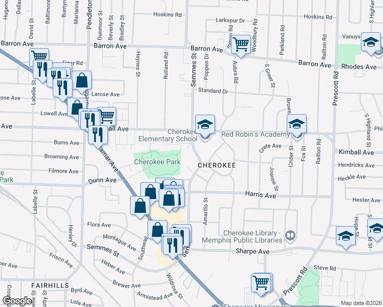 map of restaurants, bars, coffee shops, grocery stores, and more near 1369 Semmes Street in Memphis