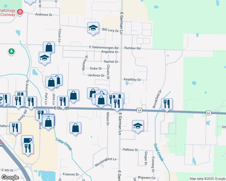 map of restaurants, bars, coffee shops, grocery stores, and more near 1730 Beautyberry Drive in Conway