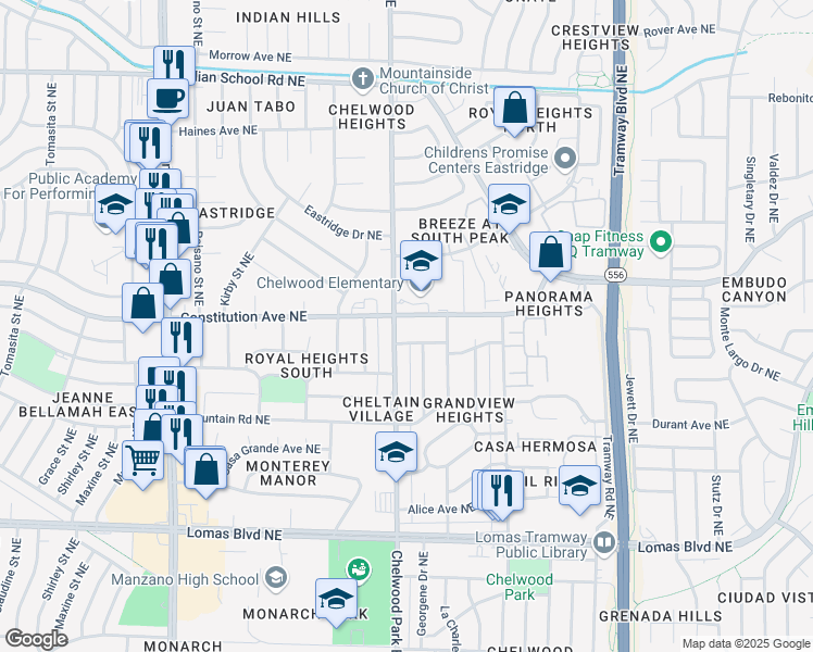 map of restaurants, bars, coffee shops, grocery stores, and more near 12700 Constitution Avenue Northeast in Albuquerque