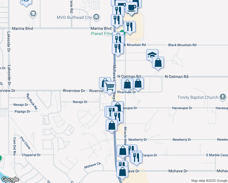 map of restaurants, bars, coffee shops, grocery stores, and more near 1499 Riverview Drive in Bullhead City