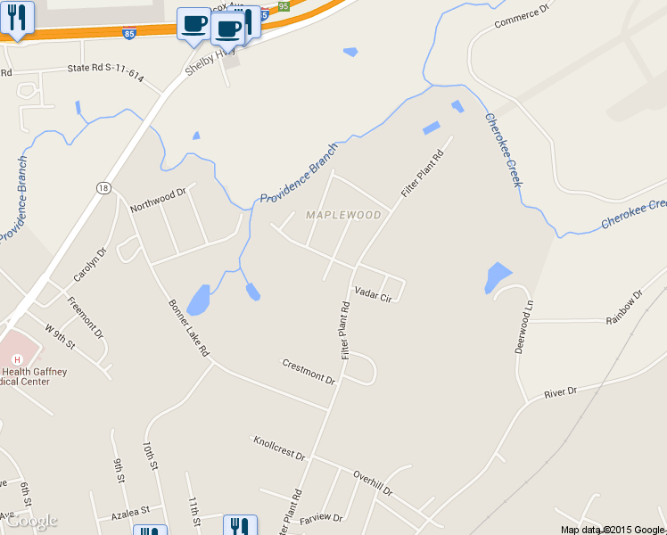 map of restaurants, bars, coffee shops, grocery stores, and more near 115 Coach Hill Drive in Gaffney