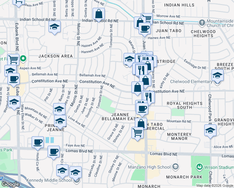 map of restaurants, bars, coffee shops, grocery stores, and more near 11501 Constitution Avenue Northeast in Albuquerque