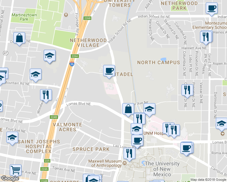 map of restaurants, bars, coffee shops, grocery stores, and more near 1127 University Boulevard Northeast in Albuquerque