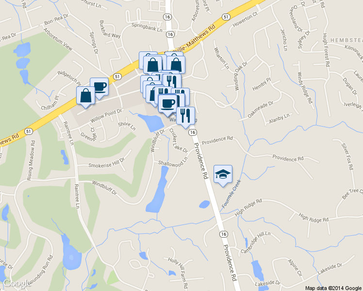 map of restaurants, bars, coffee shops, grocery stores, and more near 8407 Cricket Lake Drive in Charlotte