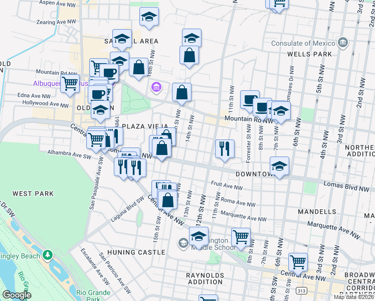 map of restaurants, bars, coffee shops, grocery stores, and more near 605 14th Street Northwest in Albuquerque