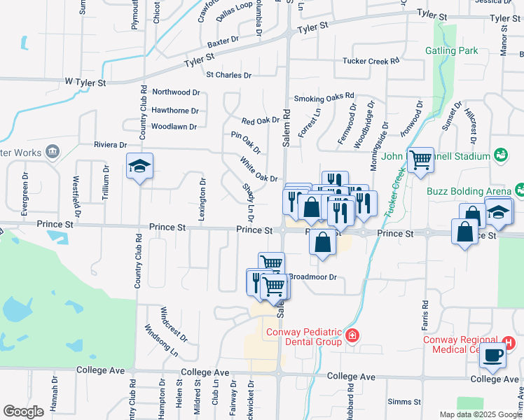 map of restaurants, bars, coffee shops, grocery stores, and more near 5 East Post Oak Drive in Conway
