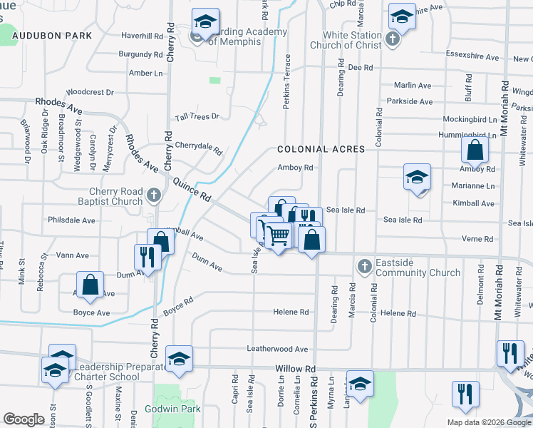 map of restaurants, bars, coffee shops, grocery stores, and more near 4566 Monaco Road in Memphis