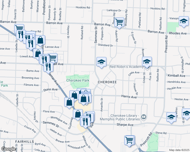 map of restaurants, bars, coffee shops, grocery stores, and more near 1369 Semmes Street in Memphis