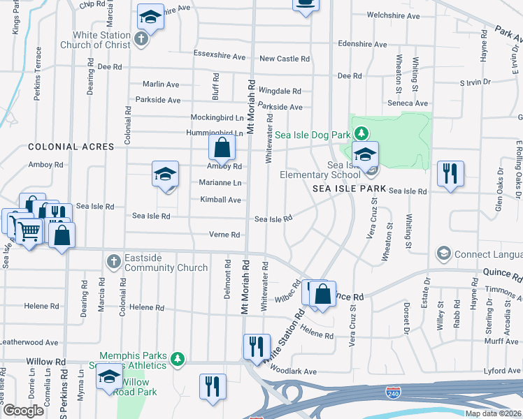 map of restaurants, bars, coffee shops, grocery stores, and more near 1377 Whitewater Road in Memphis