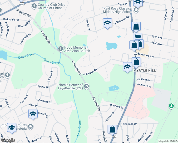 map of restaurants, bars, coffee shops, grocery stores, and more near 416 Walstone Road in Fayetteville