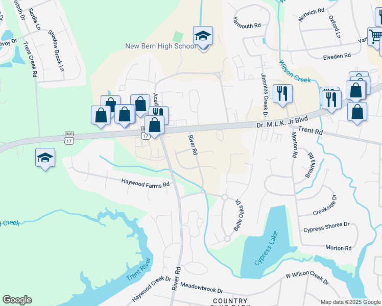 map of restaurants, bars, coffee shops, grocery stores, and more near 4101 Homestead Drive in New Bern