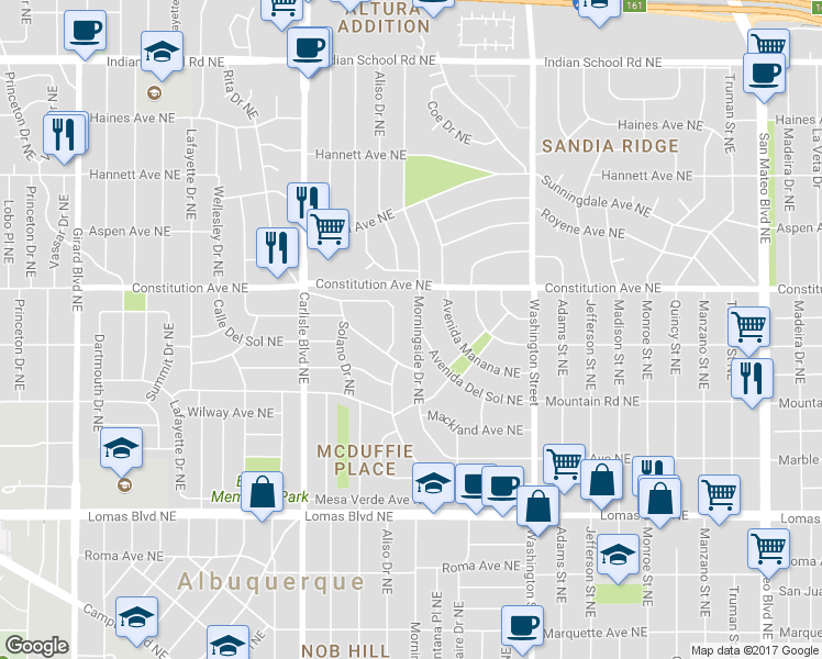 map of restaurants, bars, coffee shops, grocery stores, and more near 1207 Morningside Dr NE in Albuquerque