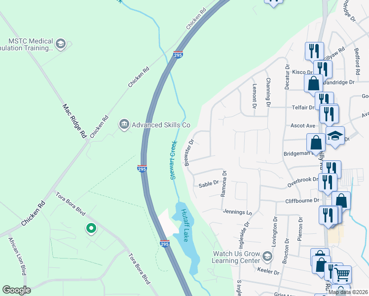 map of restaurants, bars, coffee shops, grocery stores, and more near 259 Brewster Drive in Fayetteville